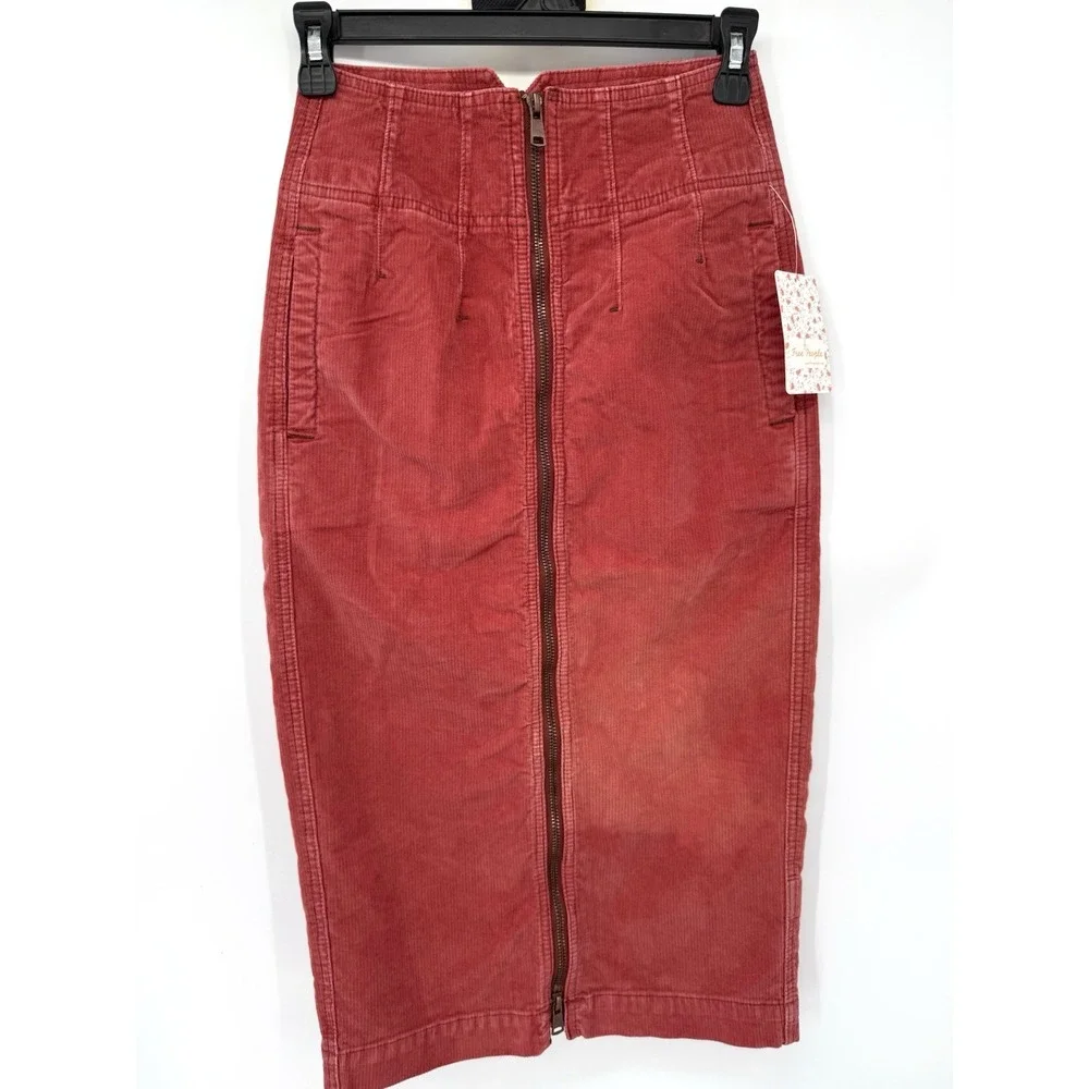 Free People Skirt Womens 24 Poppy Red We The Free Corduroy Zip Front Midi Pencil